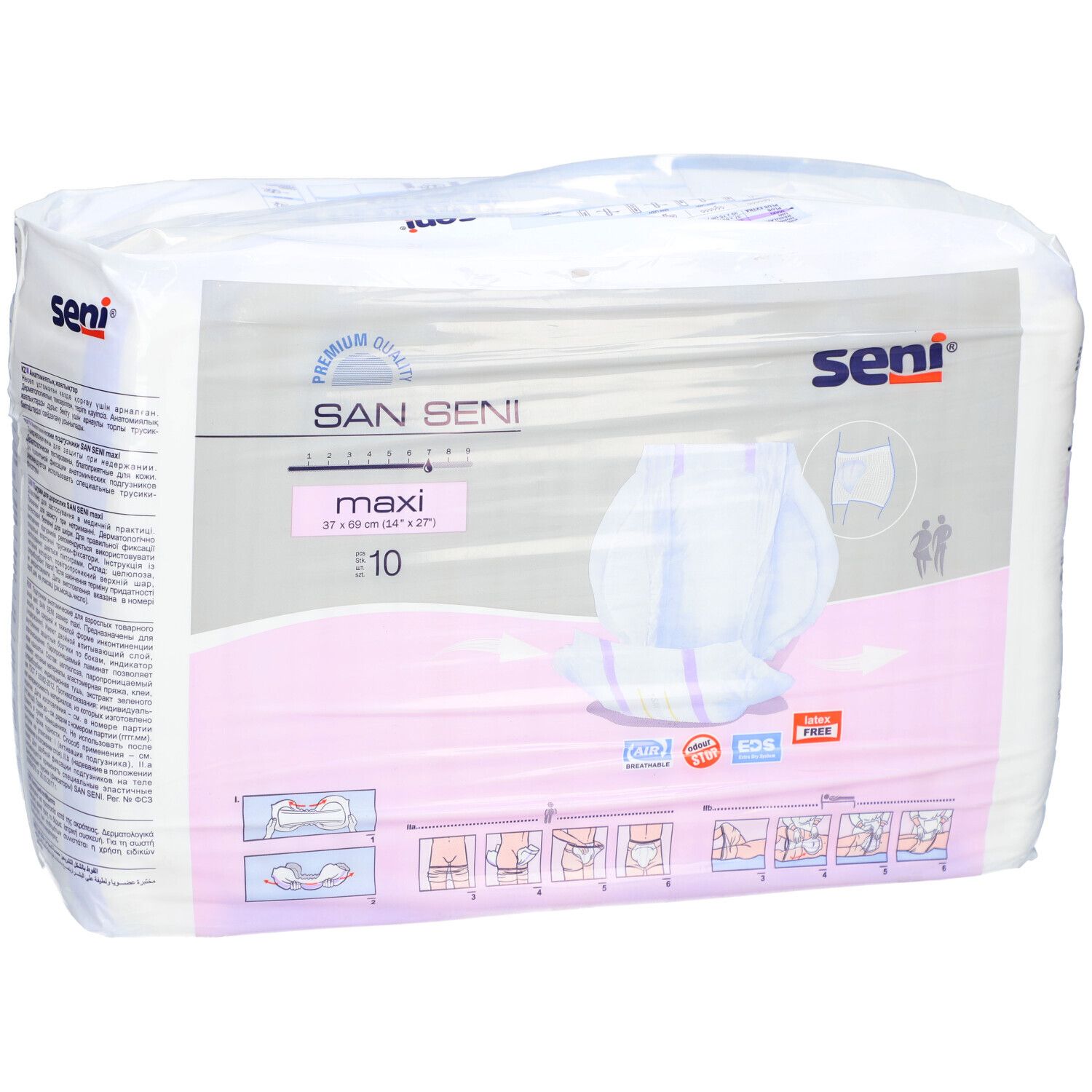 Verpackung San Seni Maxi Inkontinenzvorlagen. Rosa-weiße Verpackung mit Produktabbildung und Schriftzug. E10.
