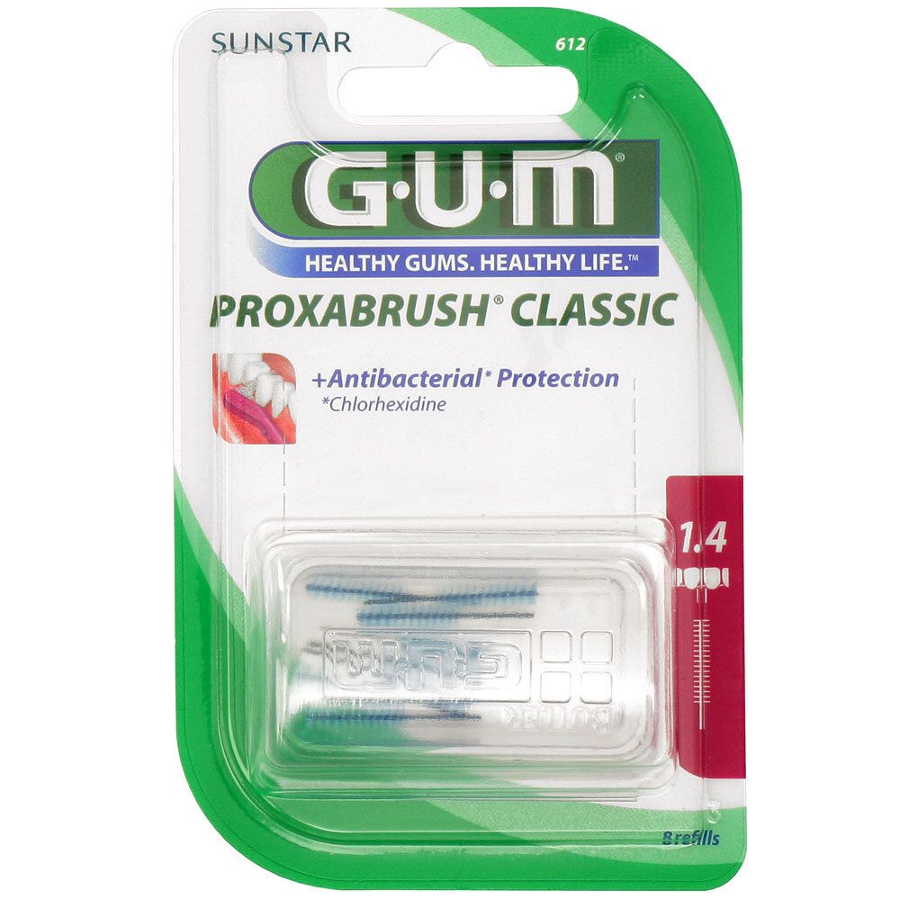 GUM Proxabrush Ersatzbürsten, 1,4 mm. Blisterverpackung mit Bürstenköpfen. Marke und Produktbezeichnung deutlich sichtbar.