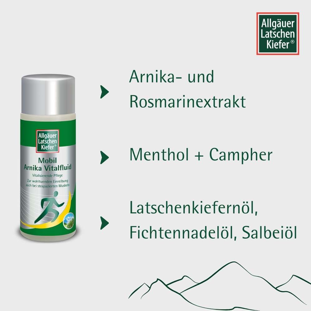 Produktflasche mit Inhaltsstoff-Angaben. Aufschrift: Allgäuer Latschenkiefer Mobil Arnika Vitalfluid. Inhaltsstoffe: Arnika, Rosmarin, Menthol, Kampfer.