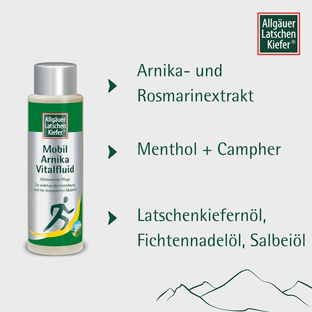 Flasche mit grün-silbernem Etikett. Text: Mobil Arnika Vitalfluid. Inhaltsstoffe: Arnika, Rosmarin, Menthol, Kampfer, Latschenkiefer.