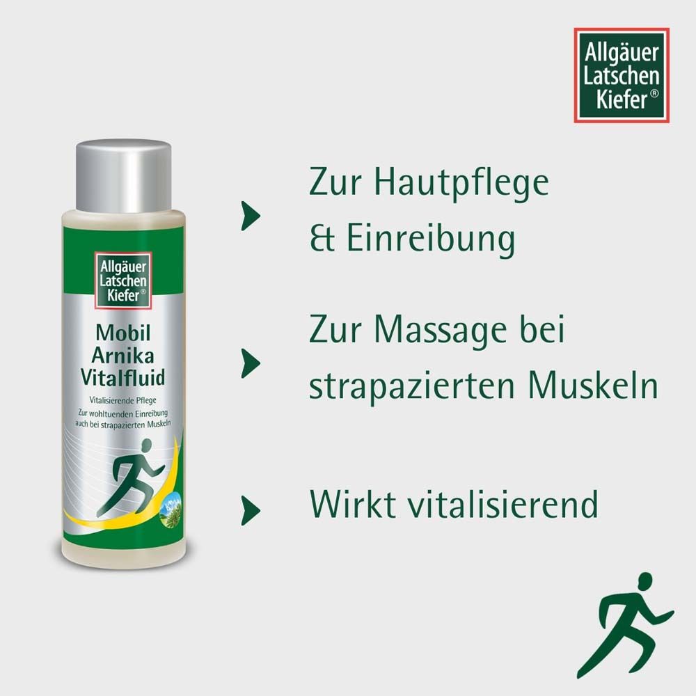 Flasche mit grün-silbernem Etikett. Text: Mobil Arnika Vitalfluid. Anwendung: Hautpflege, Massage, vitalisierend.