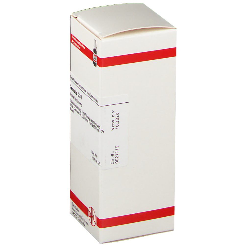 Weiße Faltschachtel mit roter Umrandung. Aufdruck: DHU Logo, Verfallsdatum 10.2020. Seitenansicht.