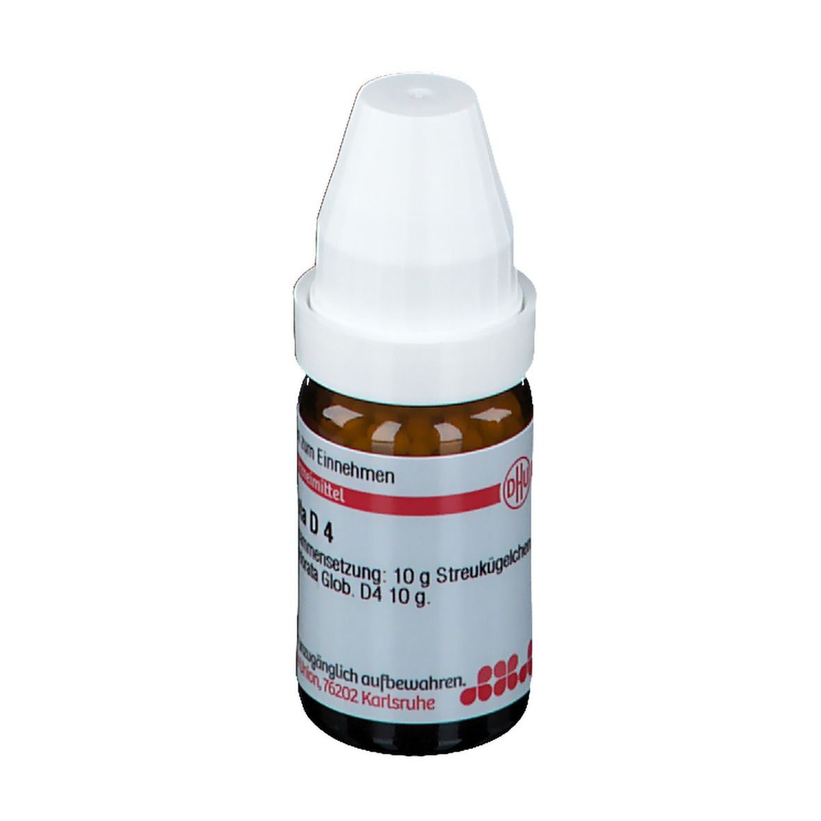 Braune Glasflasche mit weißem Deckel. Etikett mit Produktinformationen. Homöopathisches Arzneimittel.