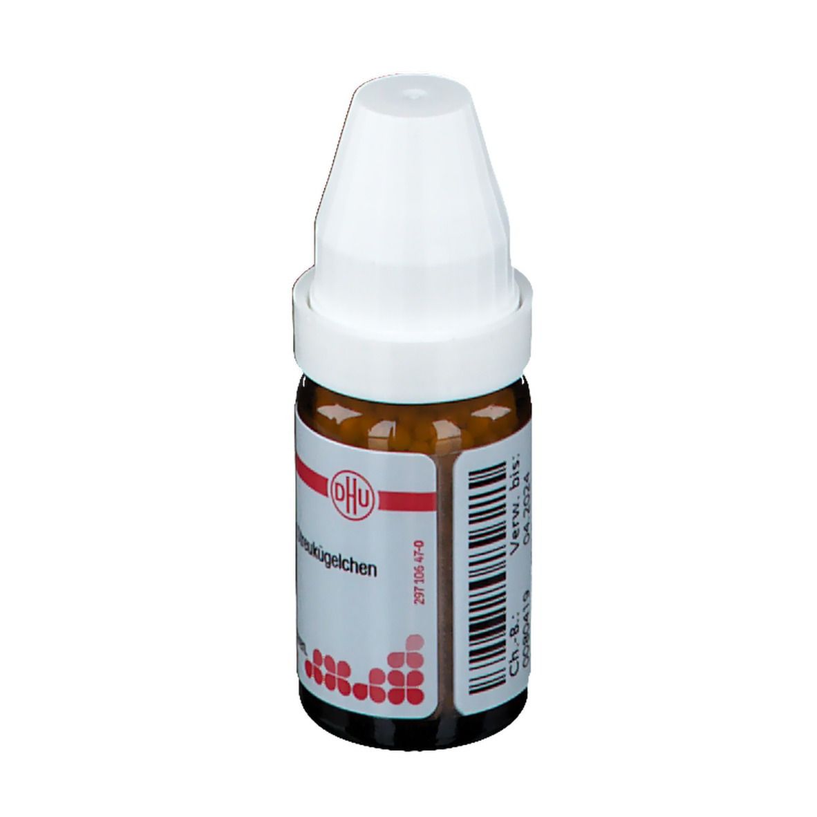 Braune Glasflasche mit weißem Deckel. Etikett mit Produktinformationen und Barcode. DHU Logo.