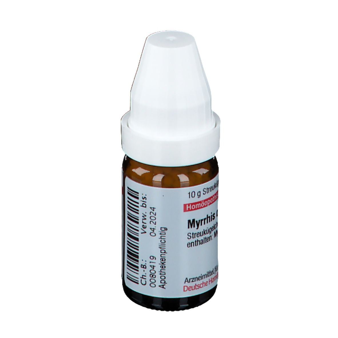 Braune Glasflasche mit weißem Deckel. Etikett mit Produktinformationen. Apothekenpflichtig. Verfallsdatum.