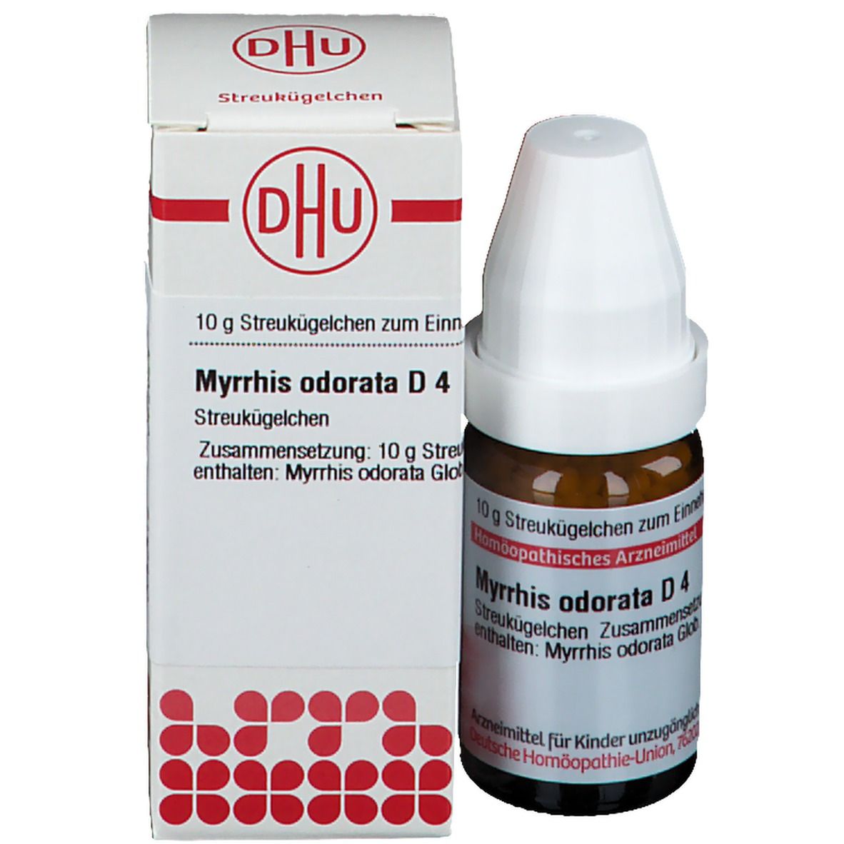 Braune Glasflasche mit weißem Deckel und Umverpackung. DHU Logo. Produktinformationen auf der Verpackung.