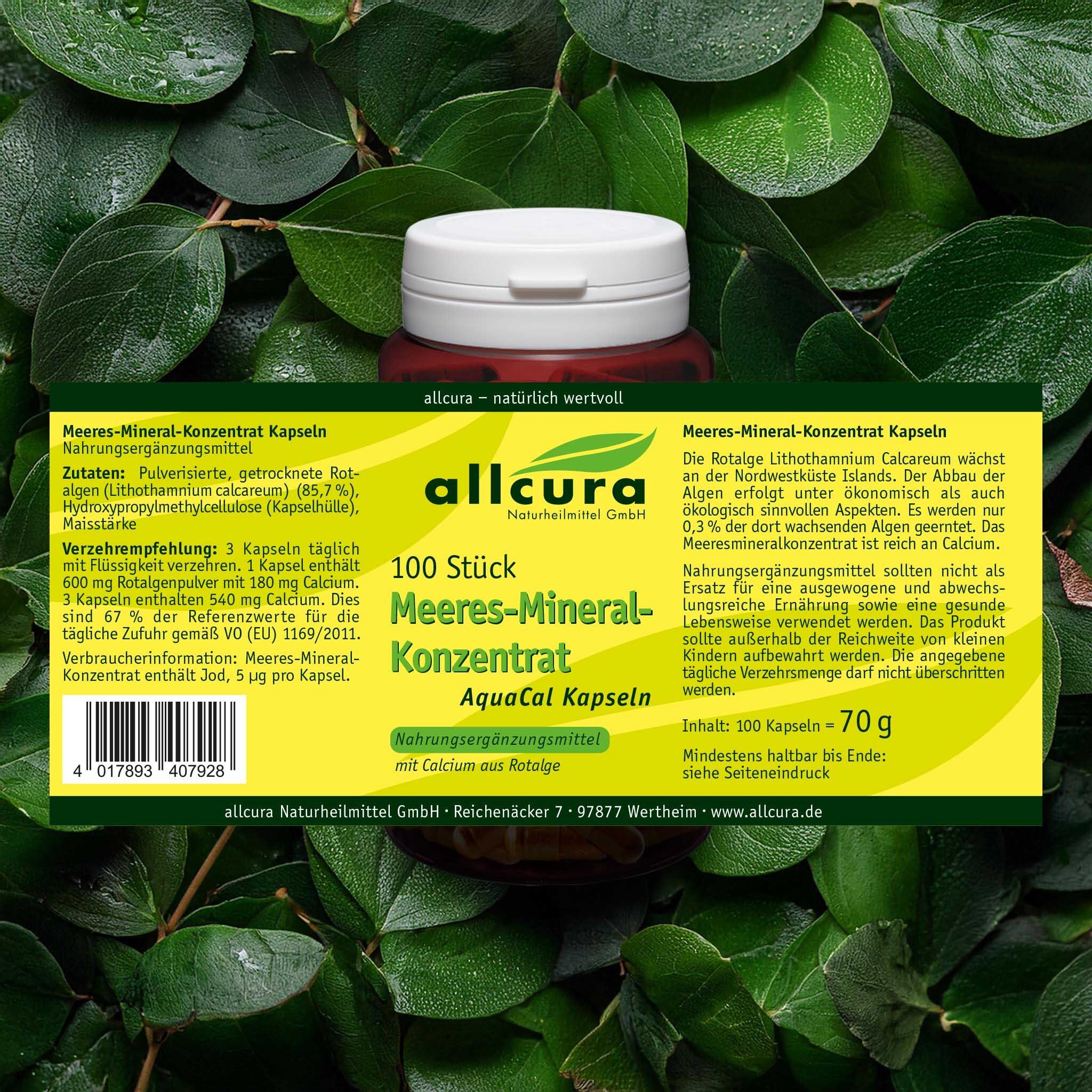 Braune Kapsel-Dose mit weißem Deckel, umgeben von Blättern. Etikett mit Produktinformationen und Aufschrift: AquaCal Kapseln.