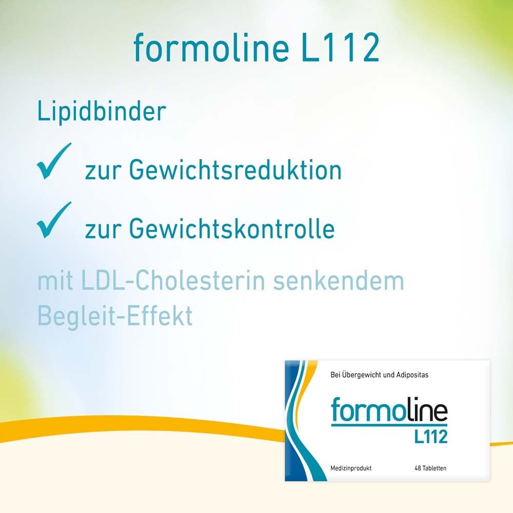 Produktpackung und Text. Packung mit Aufschrift formoline L112, 48 Tabletten. Text: Lipidbinder, zur Gewichtsreduktion.