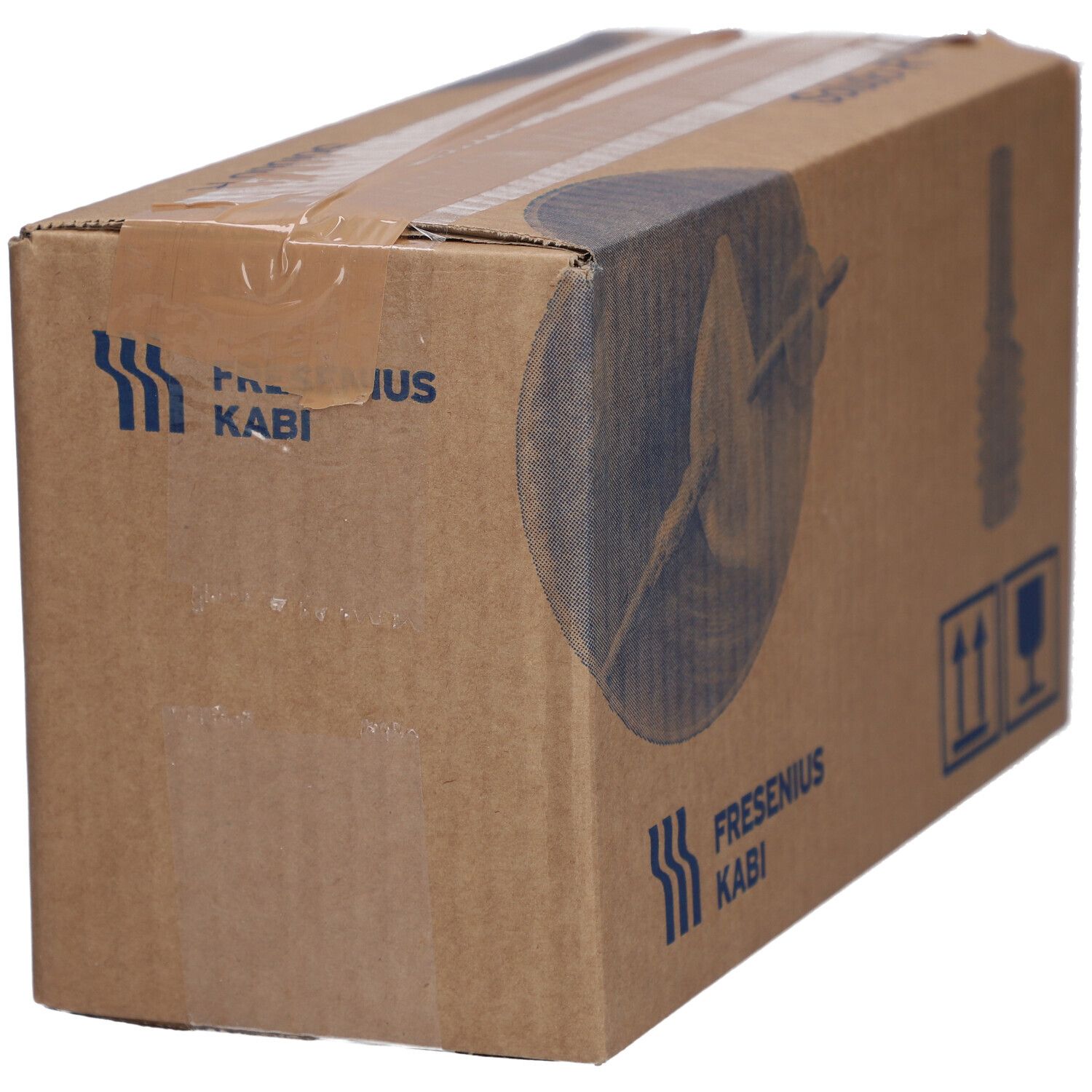 Brauner Karton mit Logo Fresenius Kabi. Aufdruck Freka Drainjet Solutio R Plus. Transportkennzeichnungen.