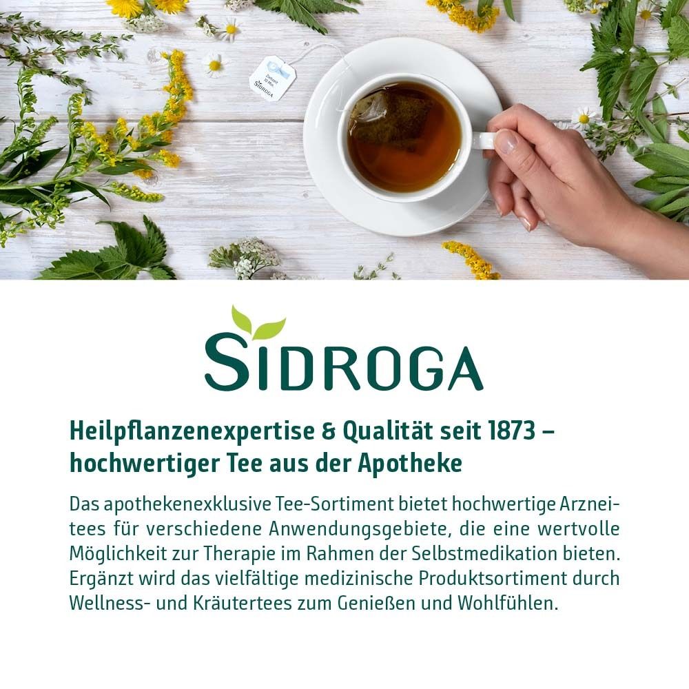 Tasse Tee auf Untertasse. Logo Sidroga®. Text: Heilpflanzenexpertise & Qualität seit 1873. Apotheke.