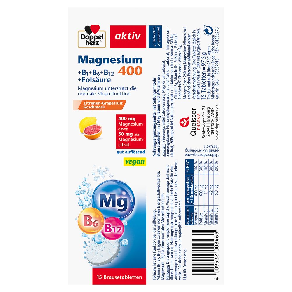 Doppelherz® aktiv Magnesium 400 + B1 + B6 + B12 + Folsäure Brausetabletten