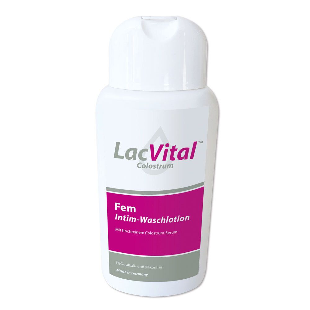 Weiße Flasche mit rosa Etikett. Produktname: LacVital Colostrum Fem Intim-Waschlotion. Made in Germany.