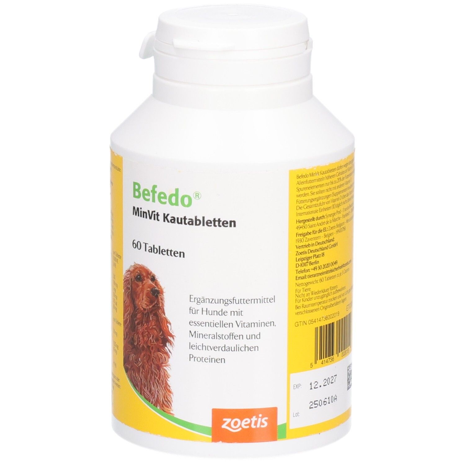 Weiße Kunststoffdose mit Schraubverschluss. Etikett mit Produktnamen, Hund, 60 Tabletten und Barcode.