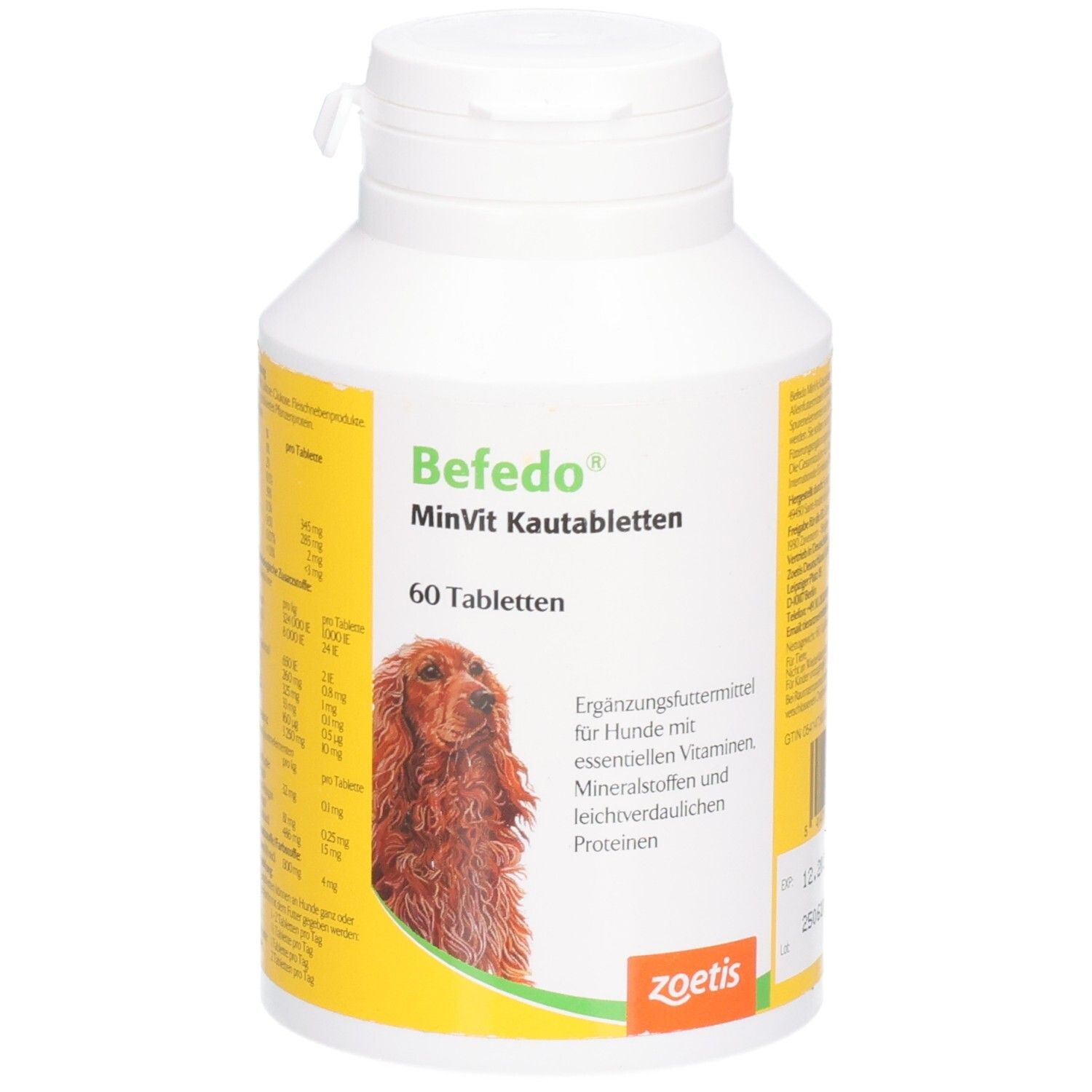 Weiße Kunststoffdose mit Schraubverschluss. Etikett mit Produktnamen, Hund, 60 Tabletten und Inhaltsstoffen.