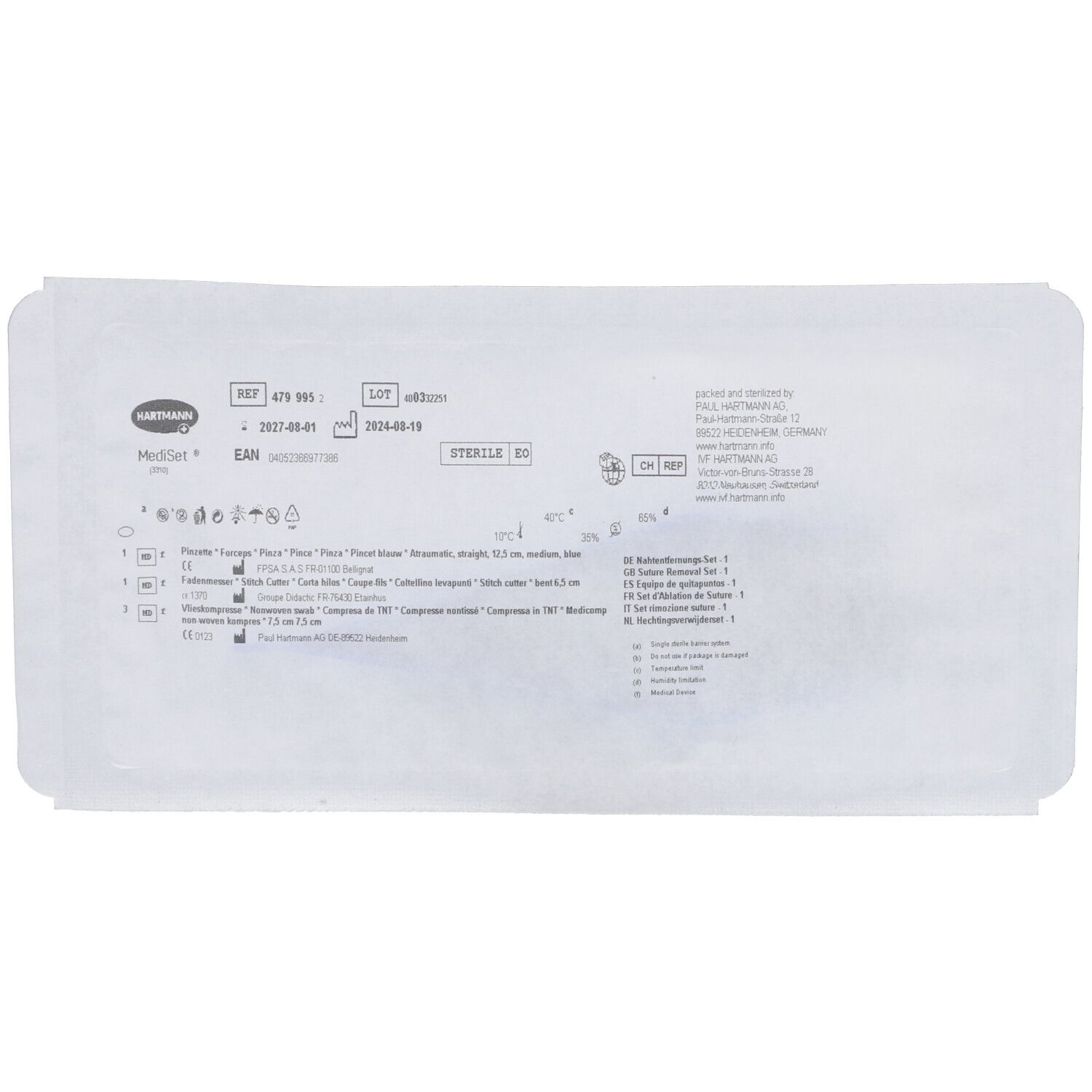 Verpackung mit Produktinformationen. Text in mehreren Sprachen, darunter REF, LOT, EAN und Steril.