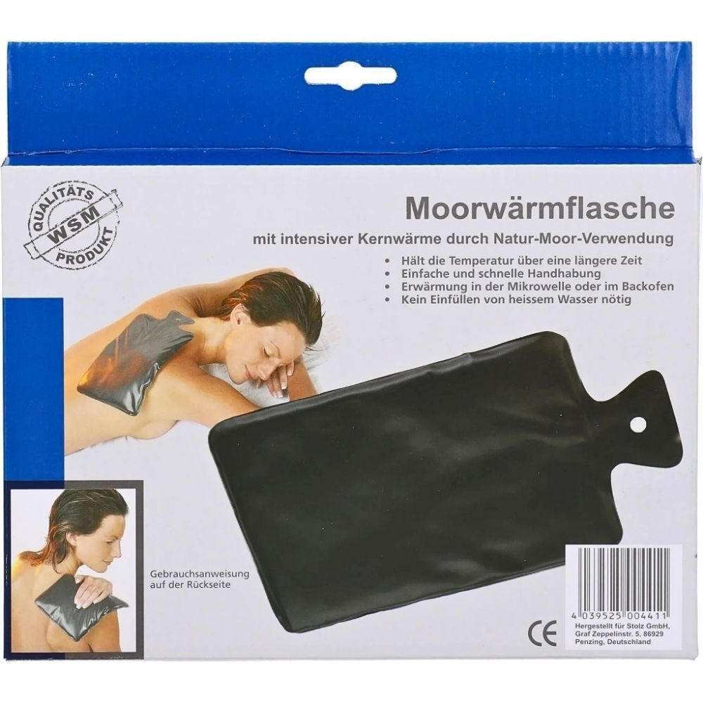 Verpackung einer Moorwärmflasche mit Natur-Moor-Kernwärme. Schwarze Wärmflasche mit Griff.