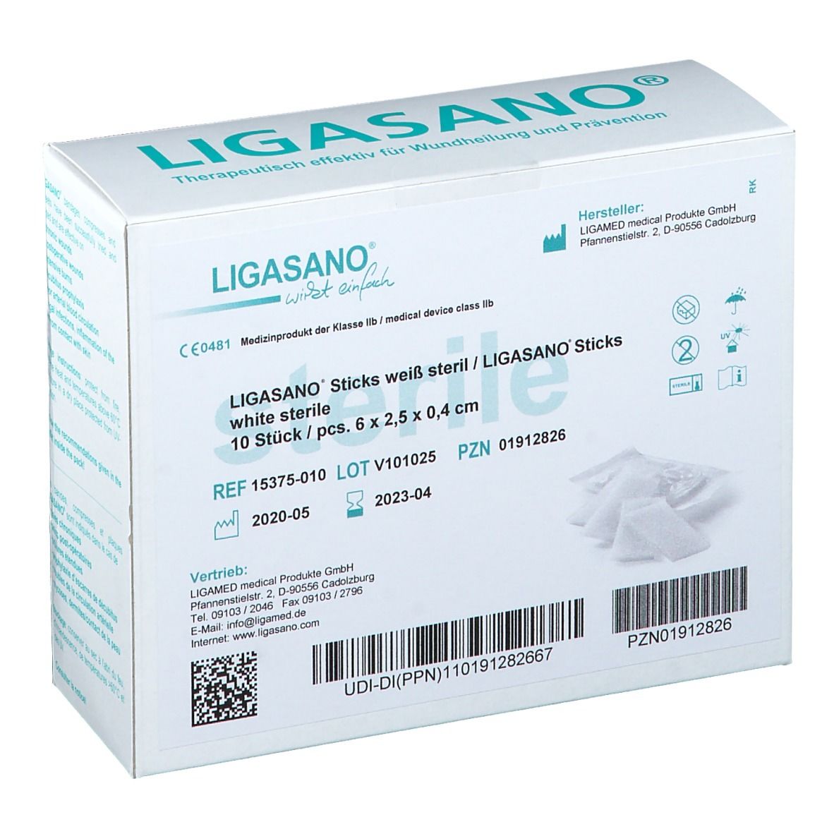 Verpackung von LIGASANO STICKS. Aufschrift: LIGASANO, weiß, steril, 10 Stück, 6 x 2,5 x 0,4 cm. Medizinprodukt.
