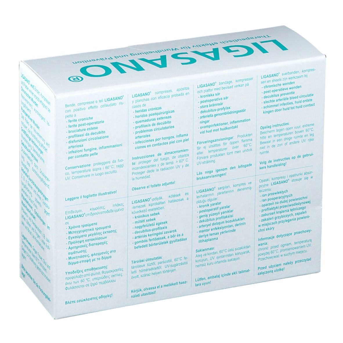 Rückseite der LIGASANO STICKS Verpackung. Text in mehreren Sprachen. Informationen zu Anwendung und Lagerung.