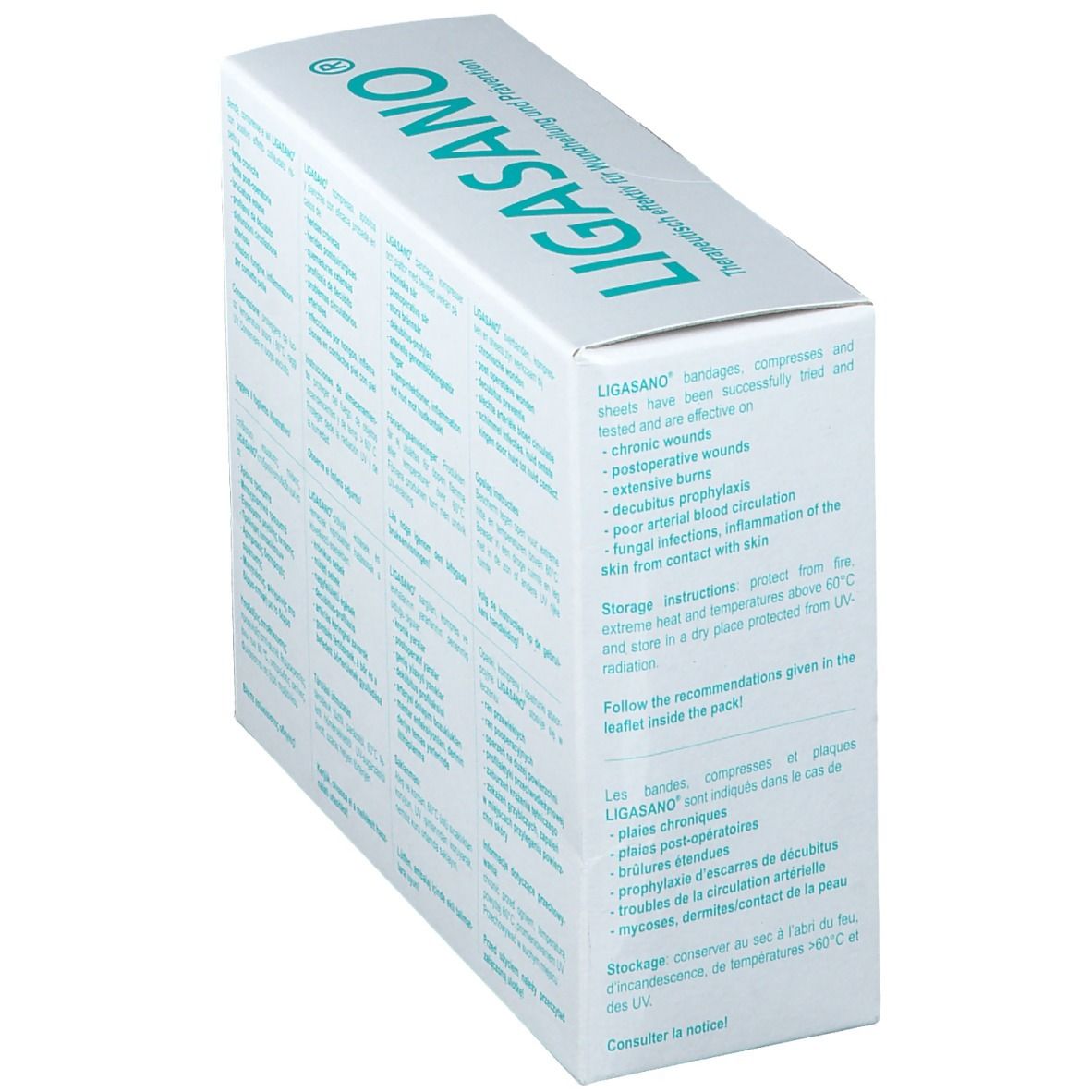 Schrägansicht der LIGASANO STICKS Verpackung. Text in mehreren Sprachen. Informationen zu Anwendung und Lagerung.