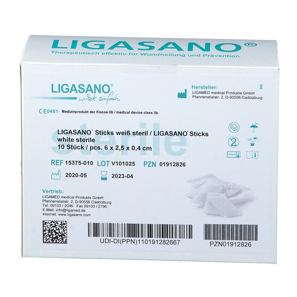 Verpackung von LIGASANO STICKS. Aufschrift: LIGASANO, weiß, steril, 10 Stück, 6 x 2,5 x 0,4 cm. Medizinprodukt.