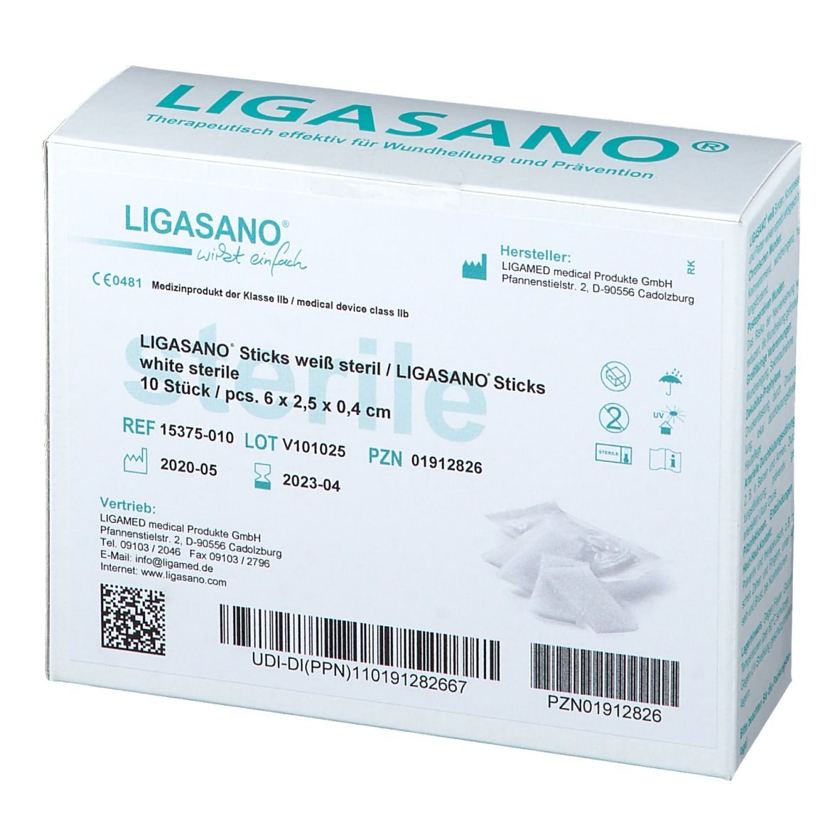 Verpackung von LIGASANO STICKS. Aufschrift: LIGASANO, weiß, steril, 10 Stück, 6 x 2,5 x 0,4 cm. Medizinprodukt.