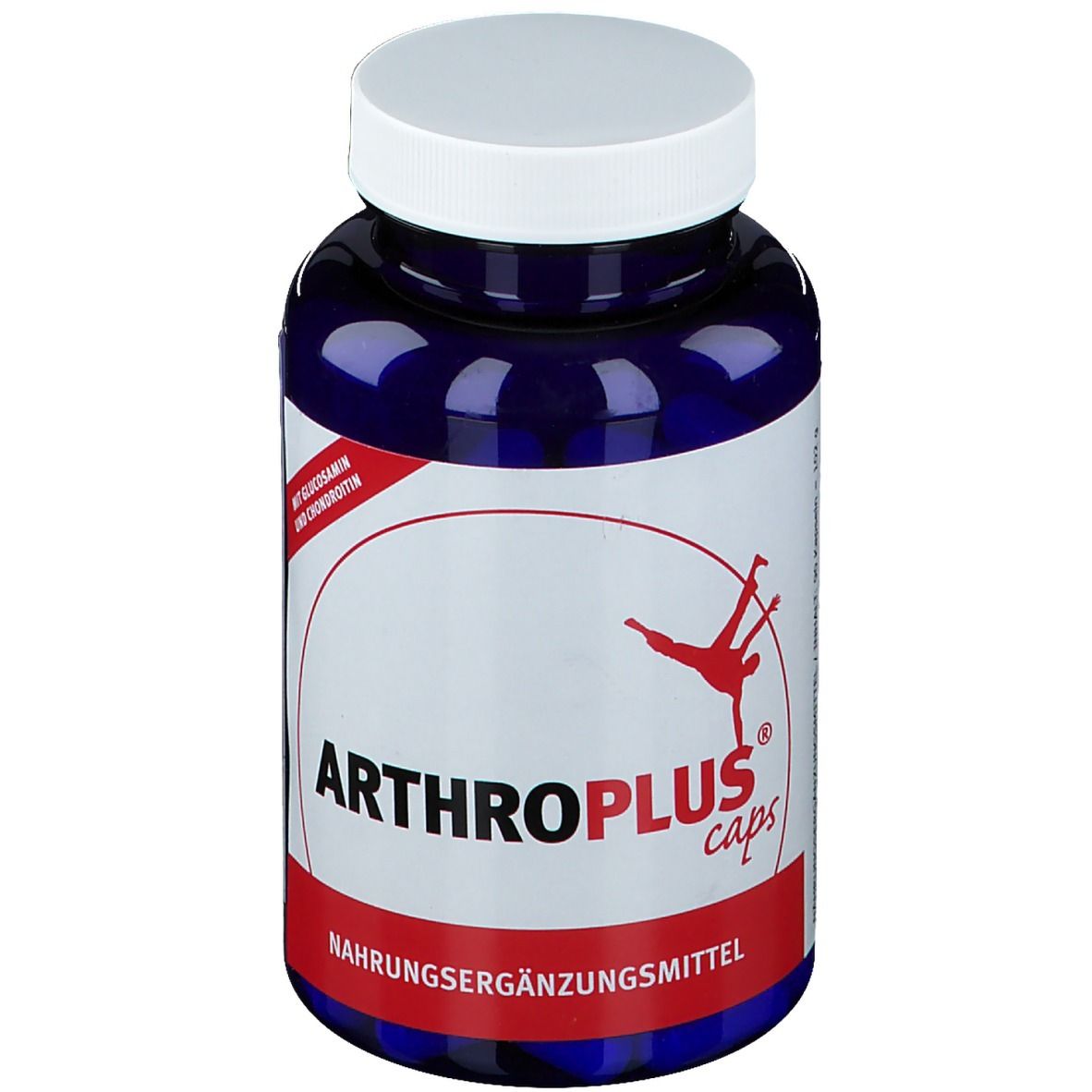 Blaue Flasche mit weißen Deckel. Aufschrift ARTHROPLUS caps. Nahrungsergänzungsmittel. Roter Aufkleber mit Text.