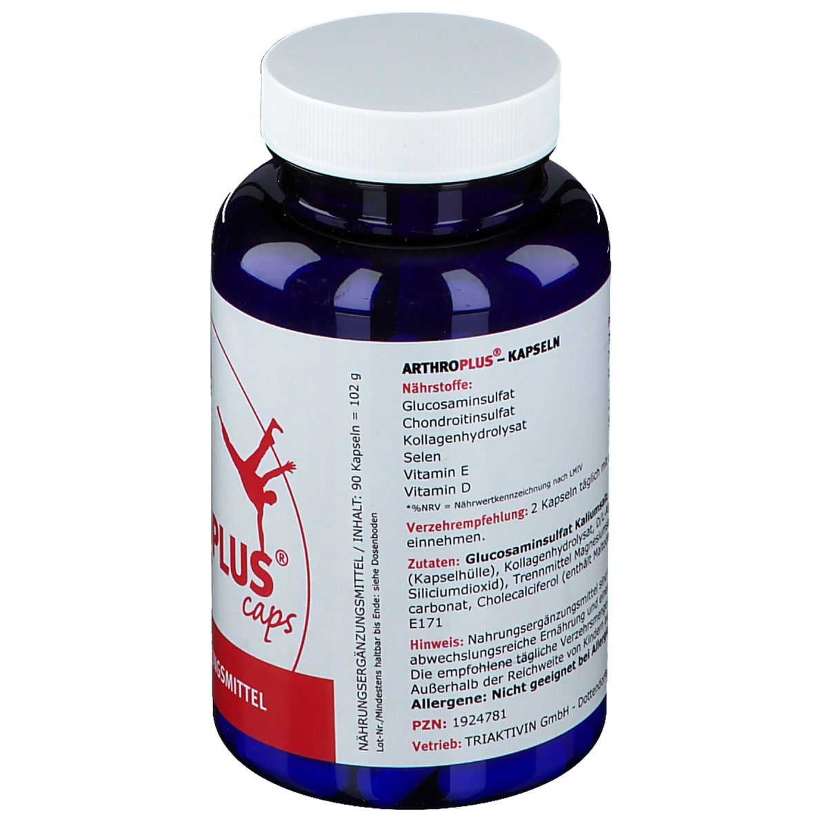 Blaue Flasche mit weißen Deckel. Aufschrift ARTHROPLUS Kapseln. Inhaltsstoffe und Verzehrempfehlung auf dem Etikett.