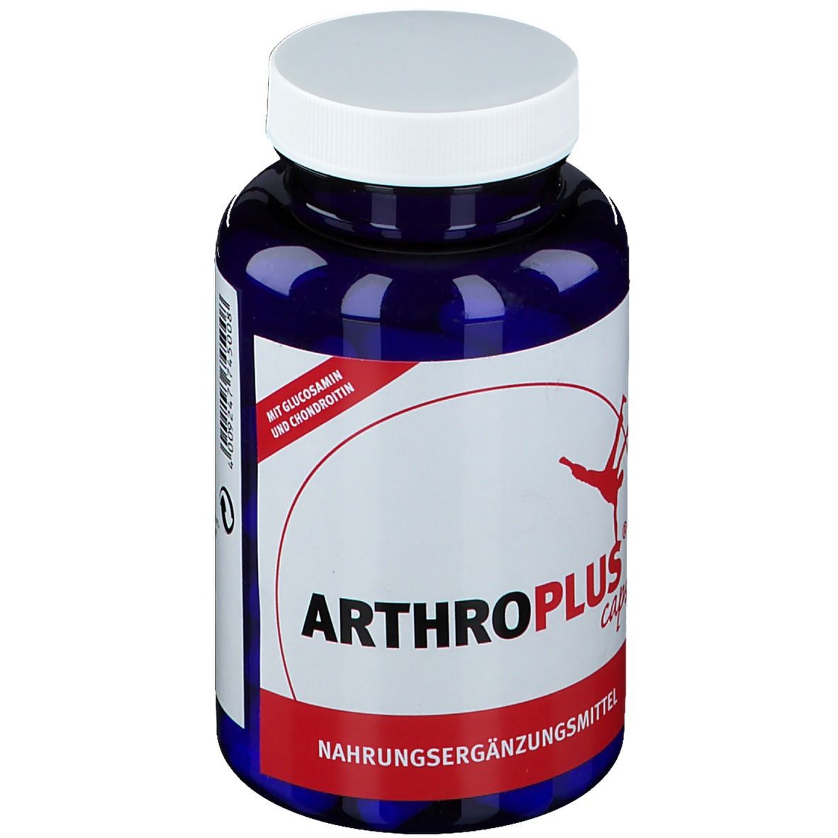 Blaue Flasche mit weißen Deckel. Aufschrift ARTHROPLUS caps. Nahrungsergänzungsmittel. Roter Aufkleber mit Text.