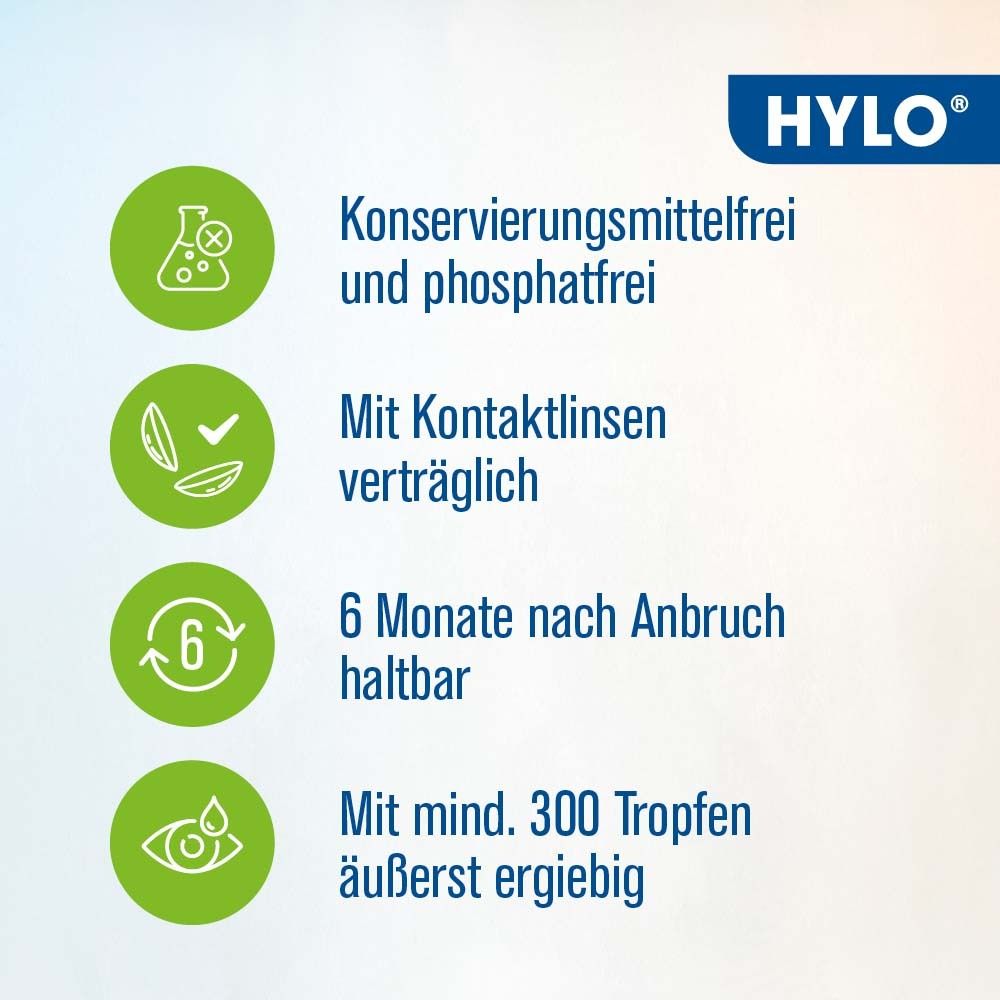 Text auf grünem Hintergrund: Konservierungsmittelfrei, phosphatfrei, für Kontaktlinsen geeignet, 6 Monate haltbar.