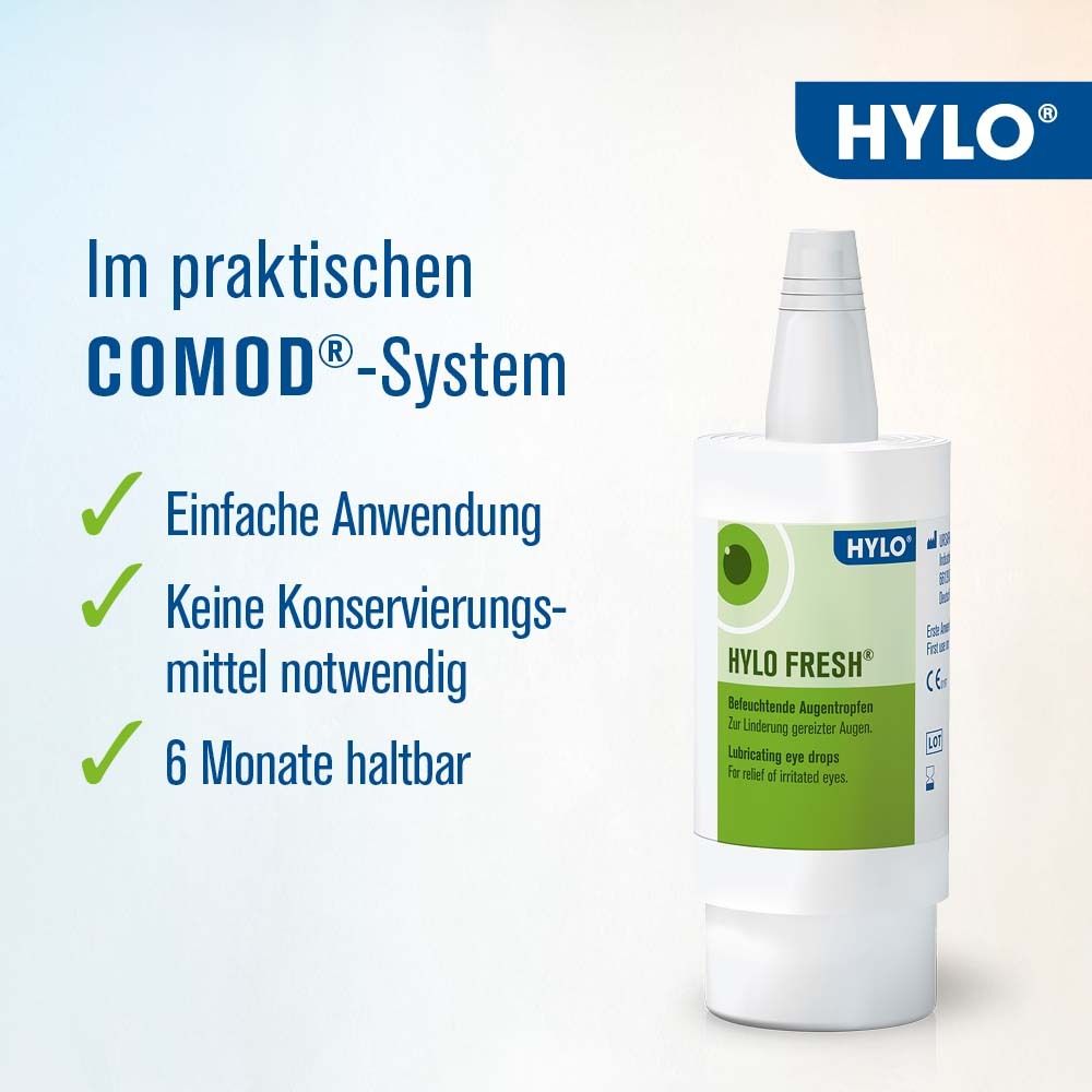 Text auf grünem Hintergrund: Im praktischen COMOD®-System. Einfache Anwendung, keine Konservierungsmittel, 6 Monate haltbar.