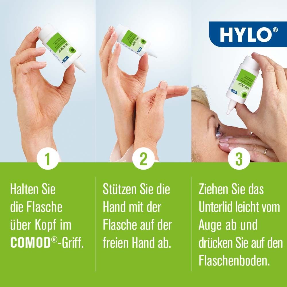 Drei Bilder zeigen die Anwendung von HYLO FRESH®: Flasche halten, Hand abstützen, Unterlid abziehen und drücken.
