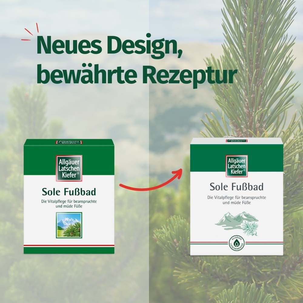 Vergleich von Verpackungen. Neues Design, bewährte Rezeptur. Allgäuer Latschenkiefer Sole Fußbad. Grün-weißes Design.