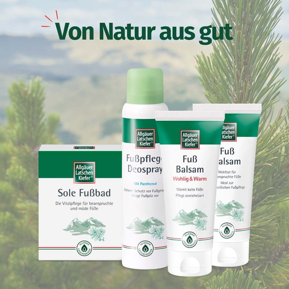 Produktreihe von Allgäuer Latschenkiefer. Sole Fußbad, Fußpflege Deospray, Fußbalsam wohlig & warm, Fußbalsam.