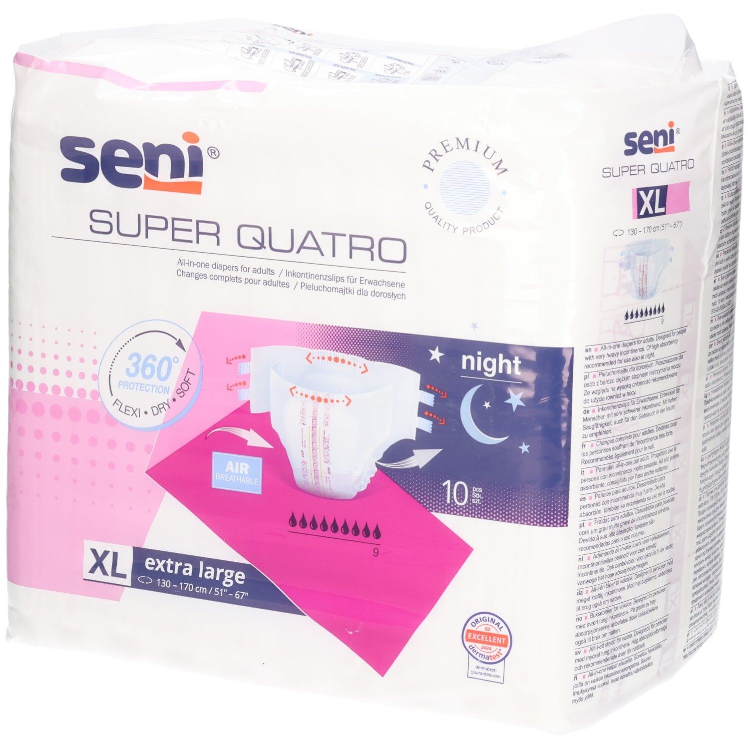Seni Super Quattro Windeln, Größe XL, extra large, 10 Stück. Packung mit Saugfähigkeitshinweisen und Größenangabe.