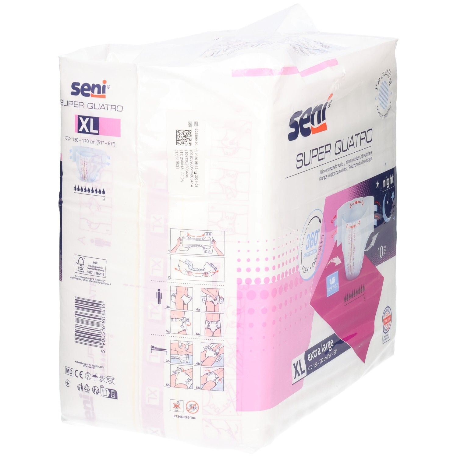 Seni Super Quattro Windeln, Größe XL, extra large, 10 Stück. Packung mit Saugfähigkeitshinweisen und Größenangabe.