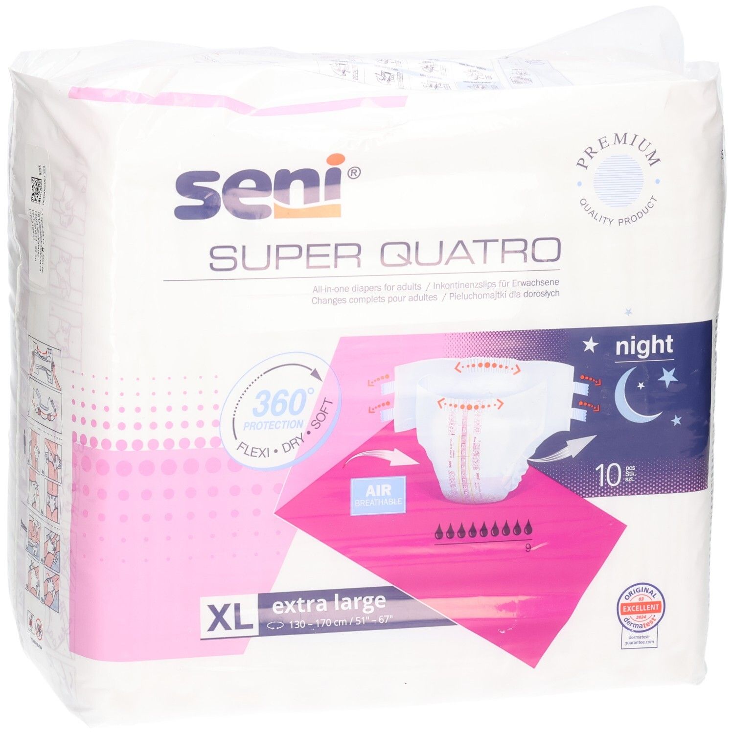 Seni Super Quatro Nachtwindeln, extra groß, 10 Stück. Premium-Qualität, atmungsaktiv.