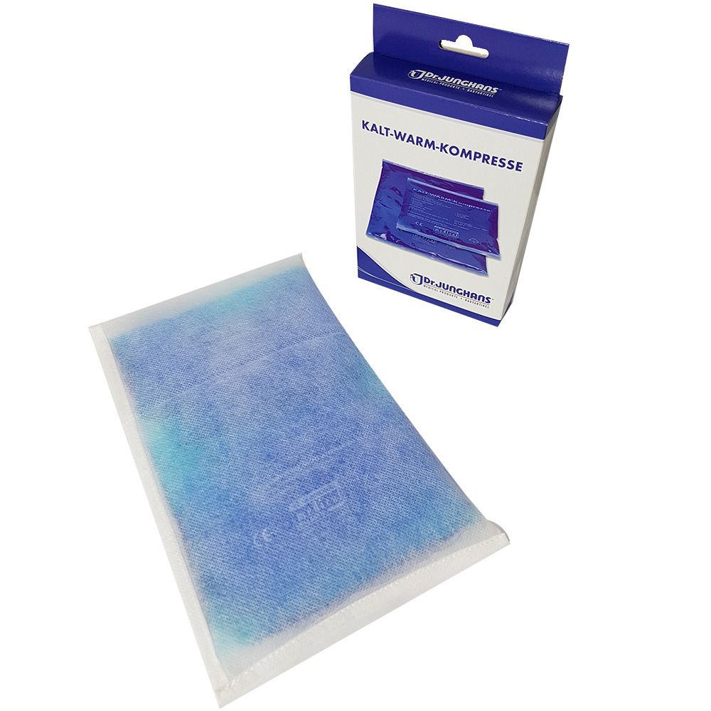 Blaues Kalt-Warm-Kompresse mit Vlieshülle. Verpackung mit Produktabbildung und Schriftzug KALT-WARM-KOMPRESSE.