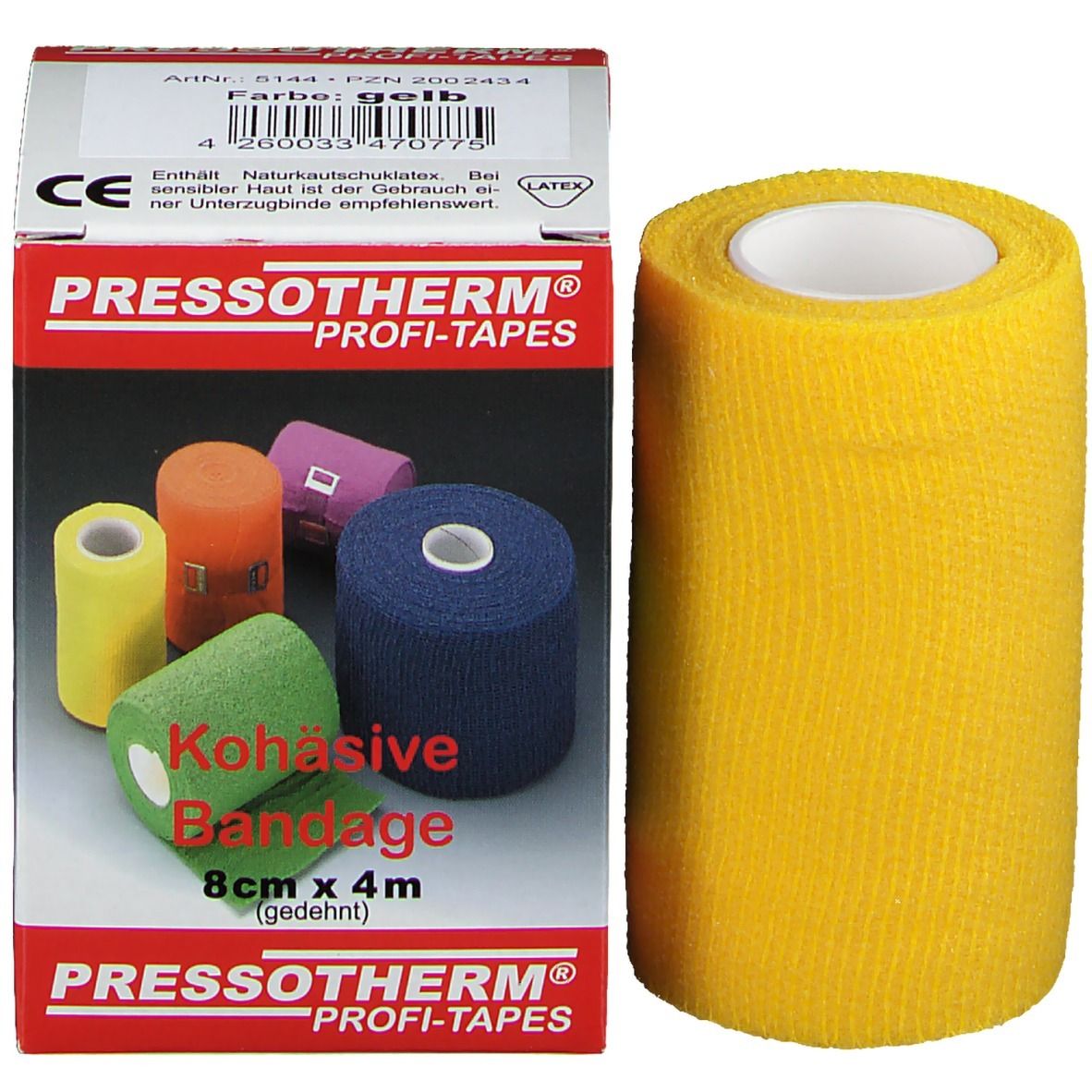 Pressotherm Kohäsive Bandage, 8cm x 4m, gelb. Rolle neben Verpackung. CE-Kennzeichnung.