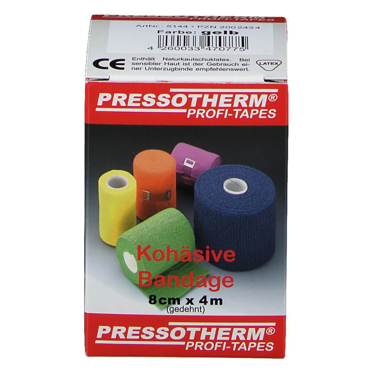 Pressotherm Kohäsive Bandage, 8cm x 4m, gelb. Verpackung mit Produktabbildungen. CE-Kennzeichnung.