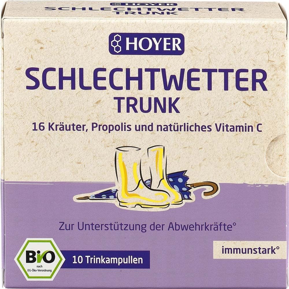 Schachtel mit Hoyer Schlechtwetter-Trunk. Enthält 10 Trinkampullen. Bio-Siegel, Illustration von Gummistiefeln und Regenschirm.