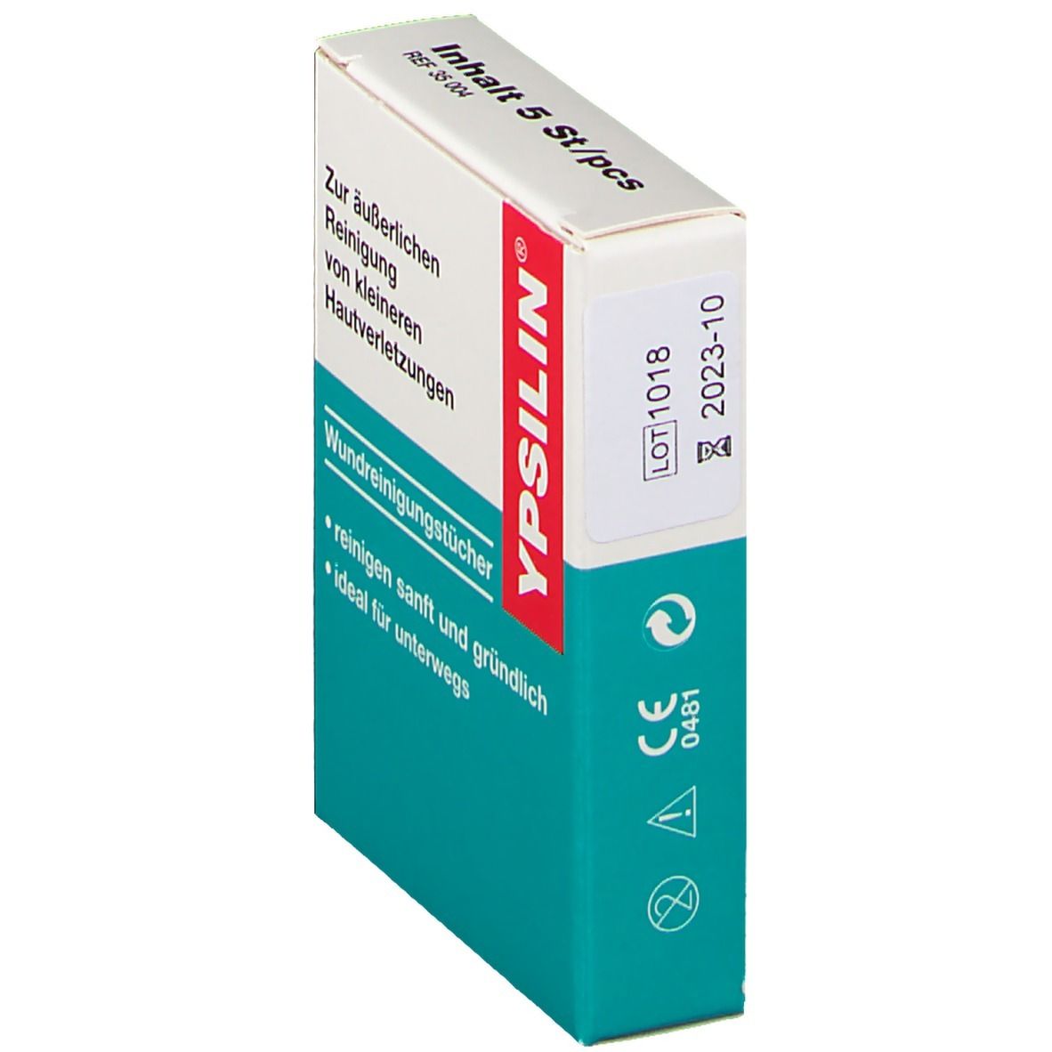 Karton YPSILIN® Wundreinigungstuecher, 5 Stück. Aufdruck: Zur äußerlichen Reinigung von kleineren Hautverletzungen. Mit CE-Kennzeichnung.