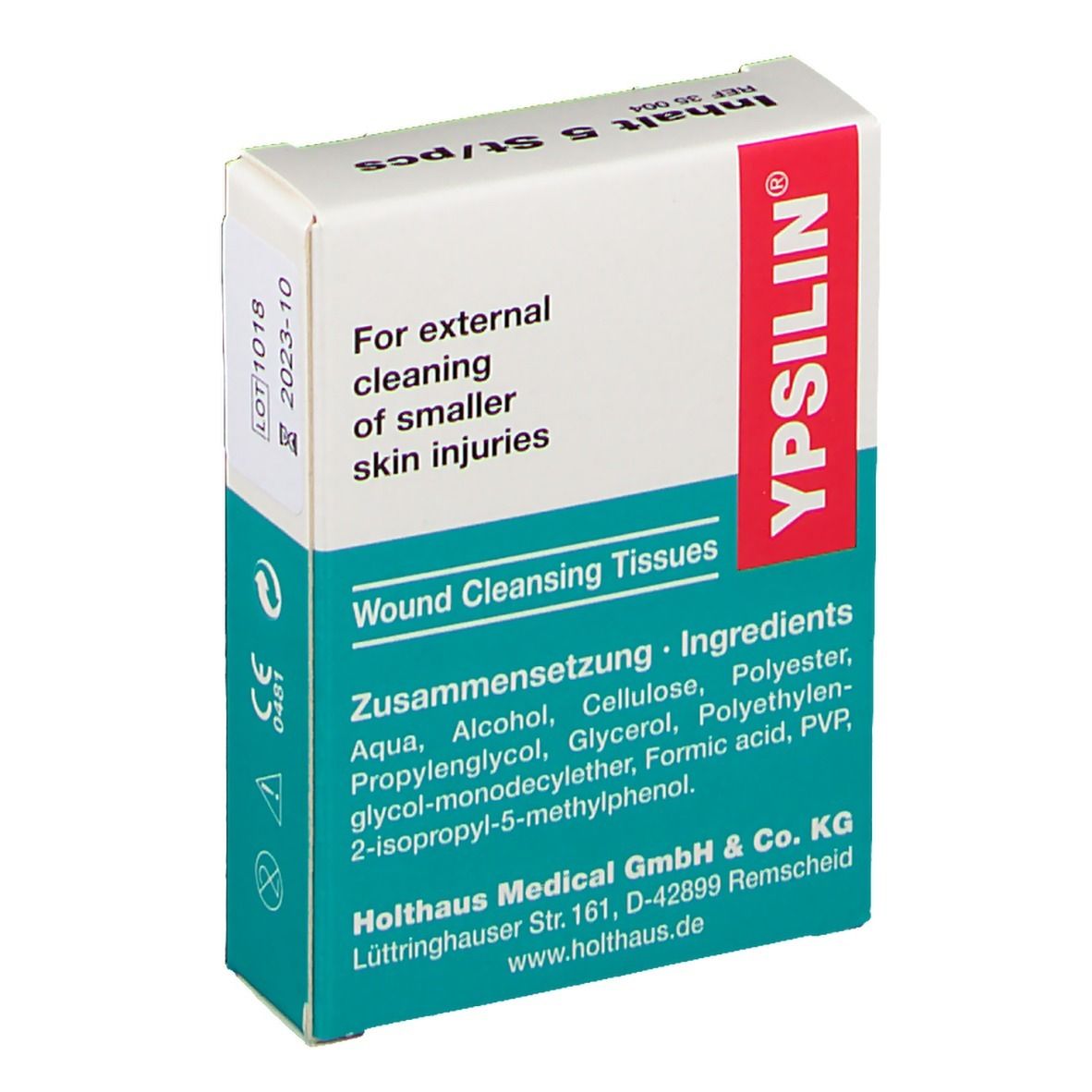 Karton YPSILIN® Wundreinigungstuecher. Enthält 5 Stück. Text: For external cleaning of smaller skin injuries. Inhaltsstoffe aufgelistet.