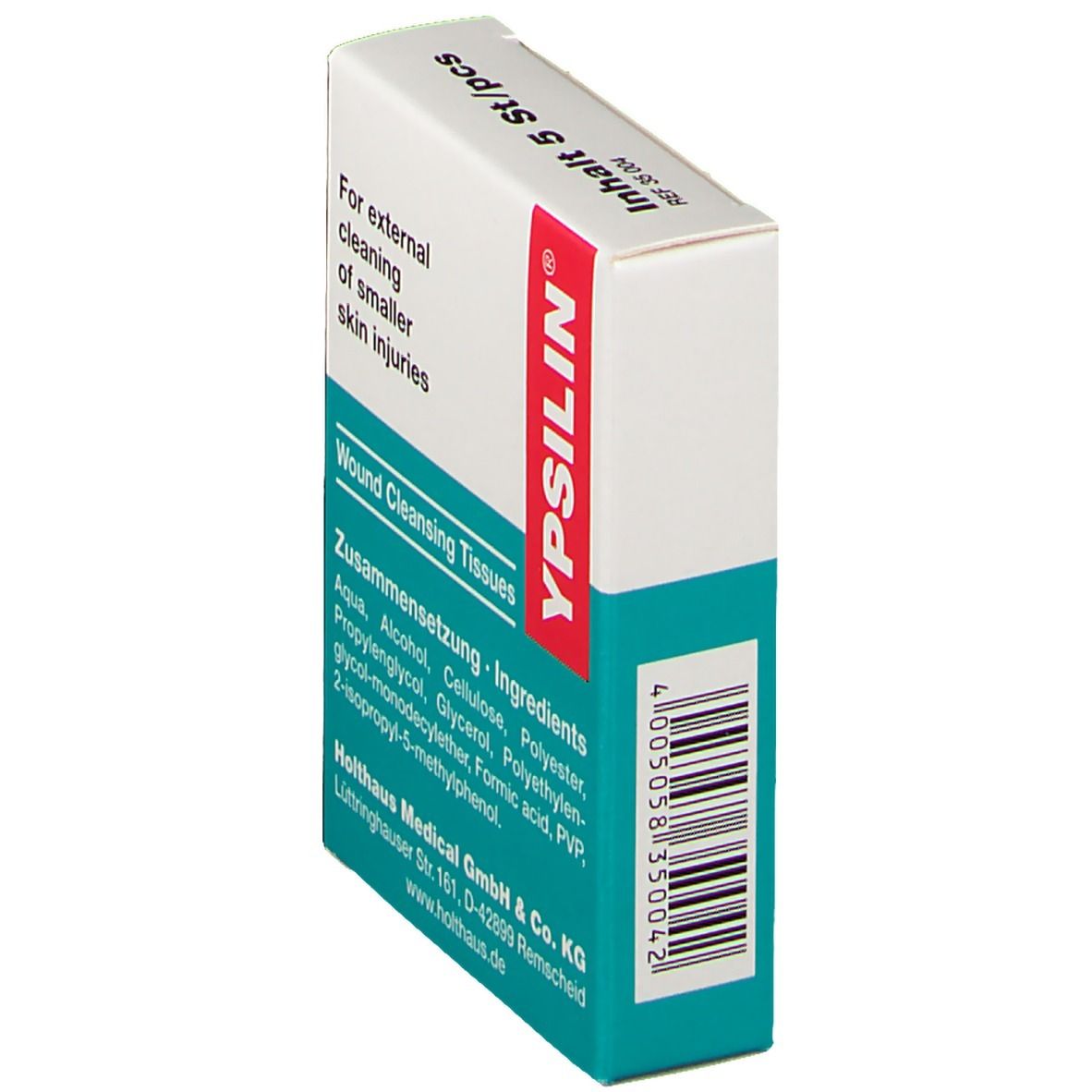 Karton YPSILIN® Wundreinigungstuecher, 5 Stück. Text: For external cleaning of smaller skin injuries. Mit Barcode.