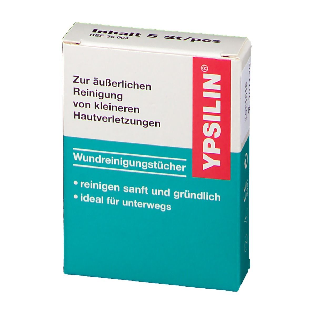 Karton mit YPSILIN® Wundreinigungstuecher. Enthält 5 Stück. Text: Zur äußerlichen Reinigung von kleineren Hautverletzungen.