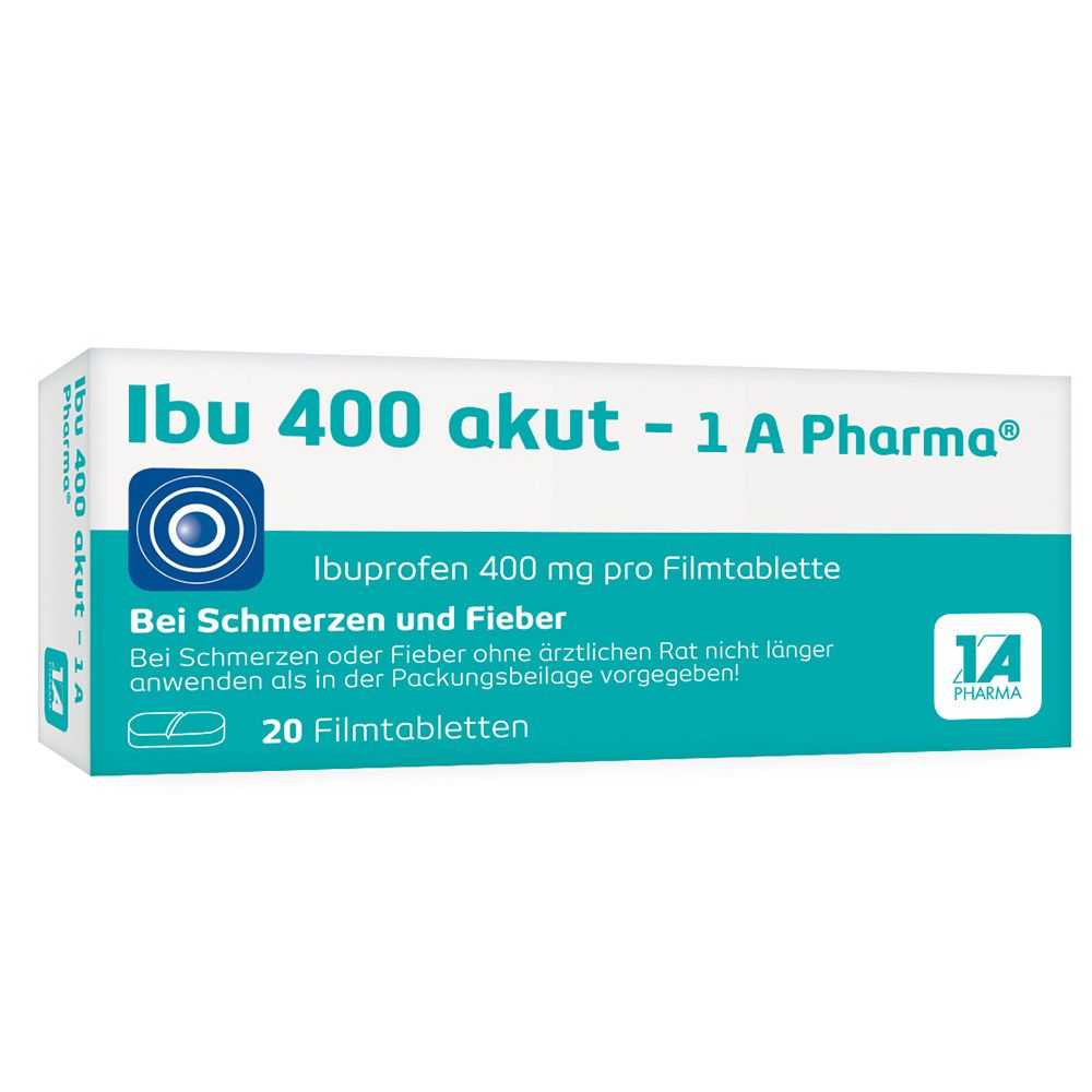 Schachtel Ibu 400 akut - 1 A Pharma®. Enthält 20 Filmtabletten. Aufschrift: Ibuprofen 400 mg.