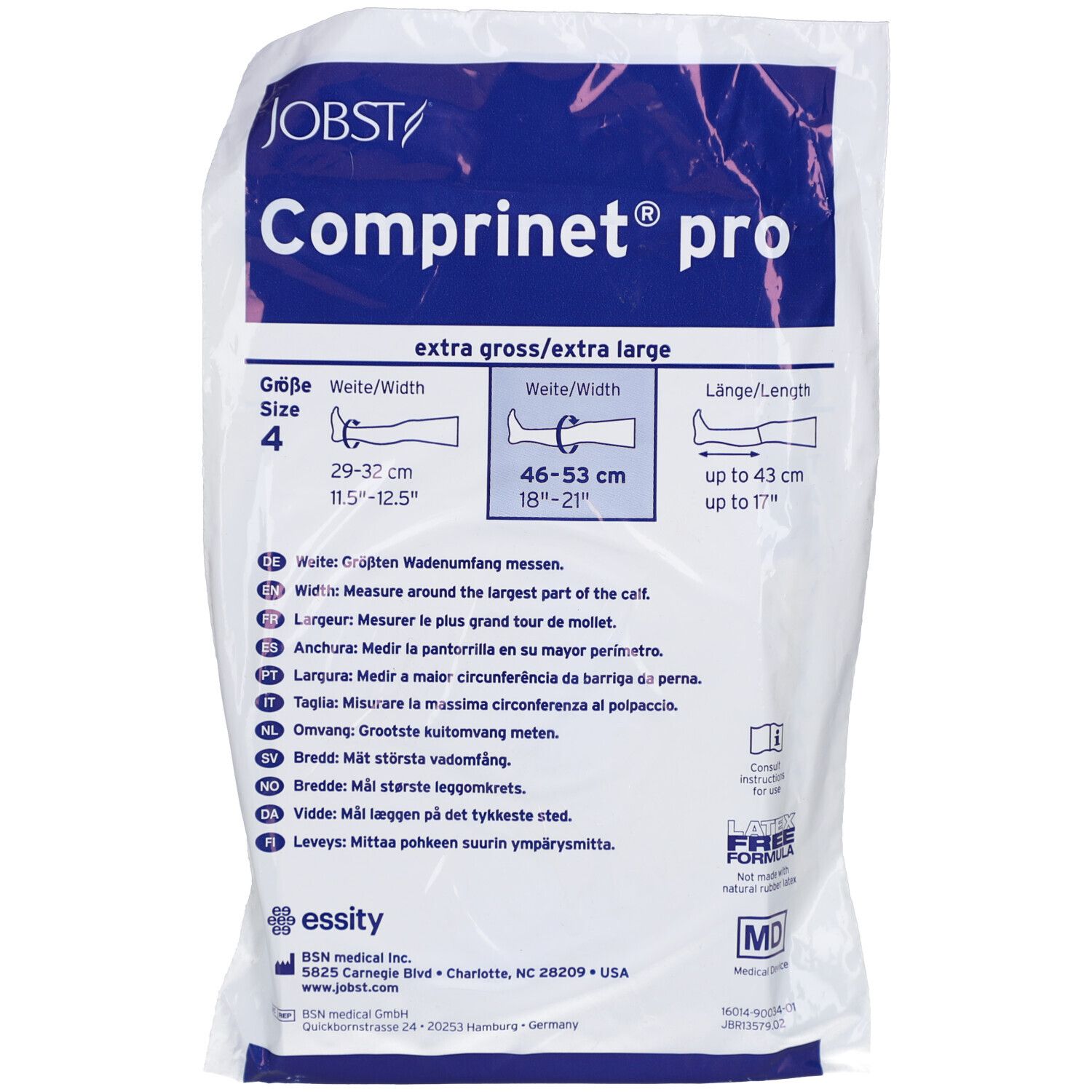 Verpackung mit Kompressionsstrümpfen. Produktname: Comprinet pro. Größe 4. Maße: 29-37 cm Wade, 46-53 cm Oberschenkel, bis 43 cm Länge. Marke: JOBST.