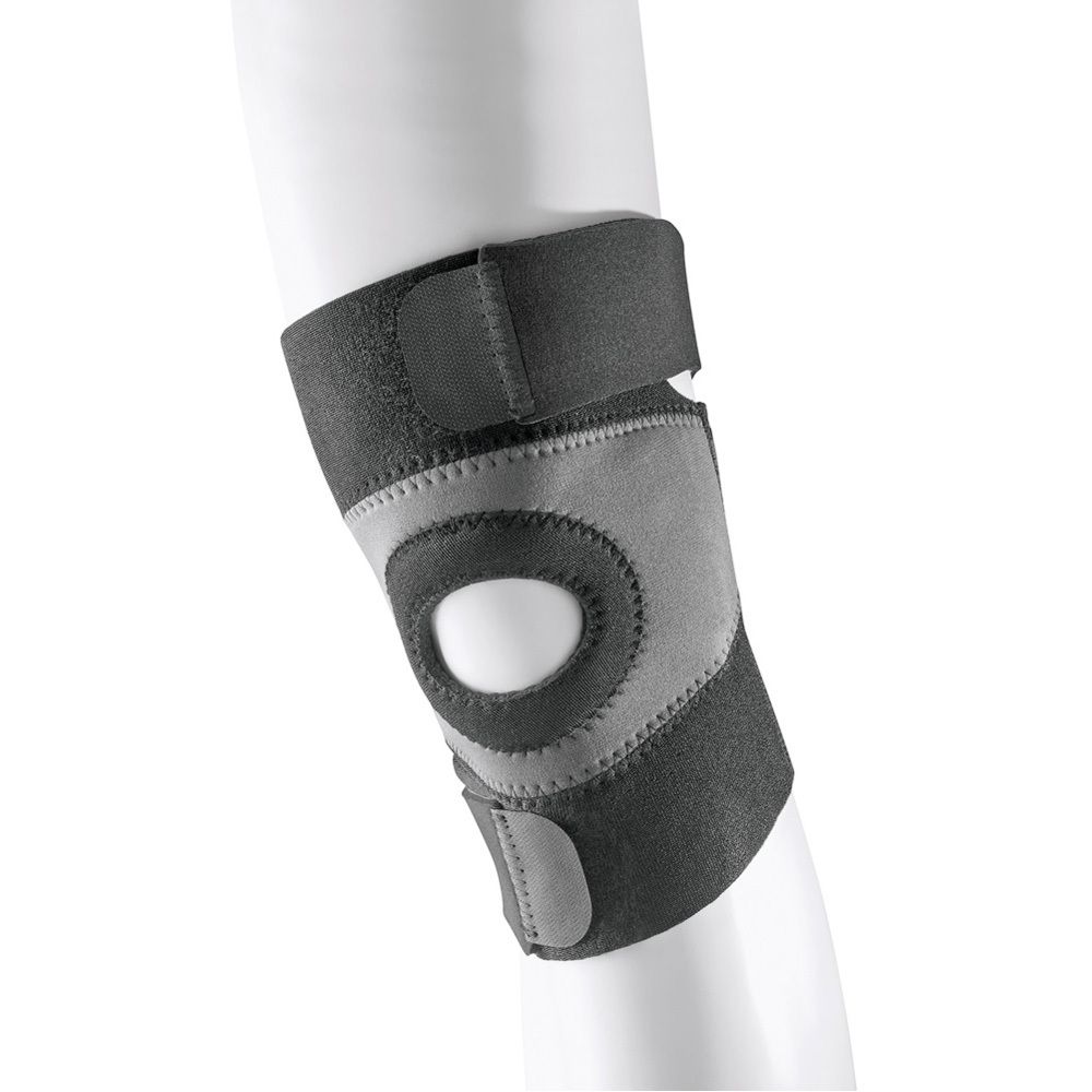Kniebandage, schwarz-grau, auf weißem Hintergrund. Detailansicht, seitlich.