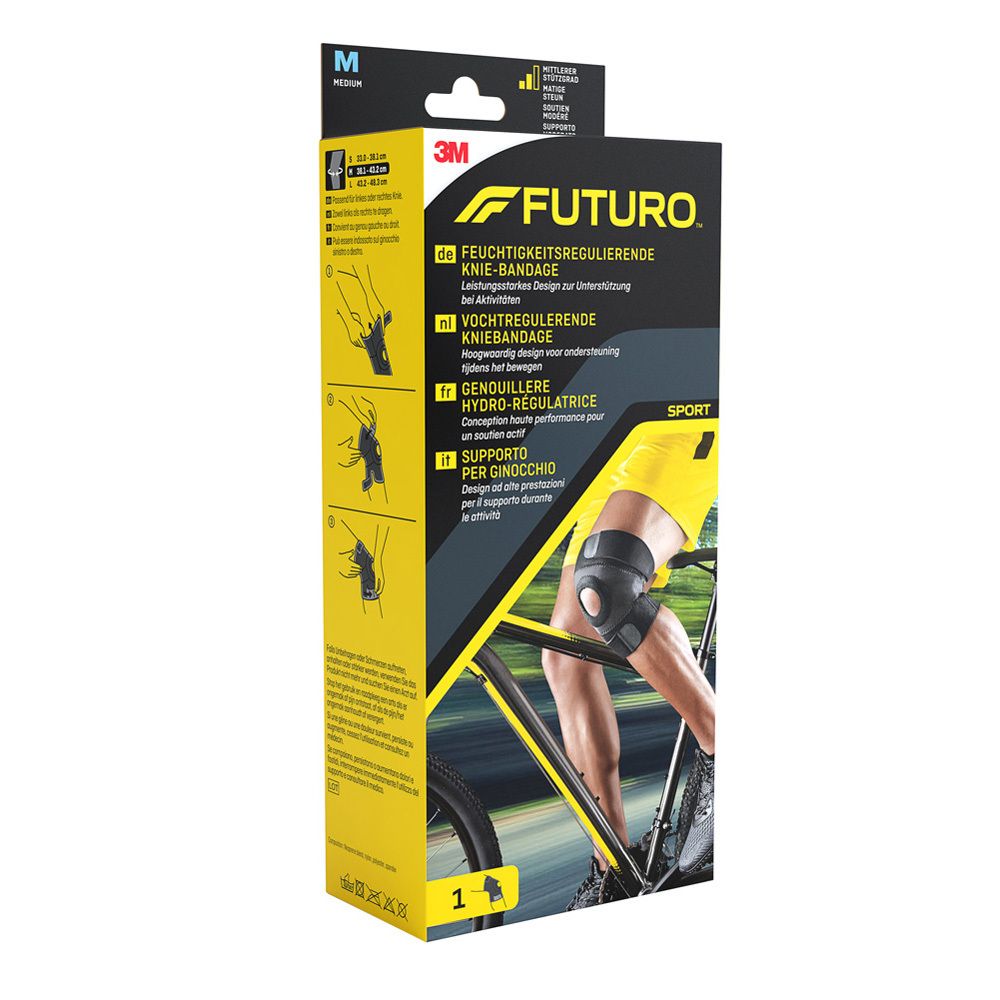 FUTURO™ Sport Knie Bandage, Größe M, in Verpackung. Illustrationen zur Anwendung der Bandage.