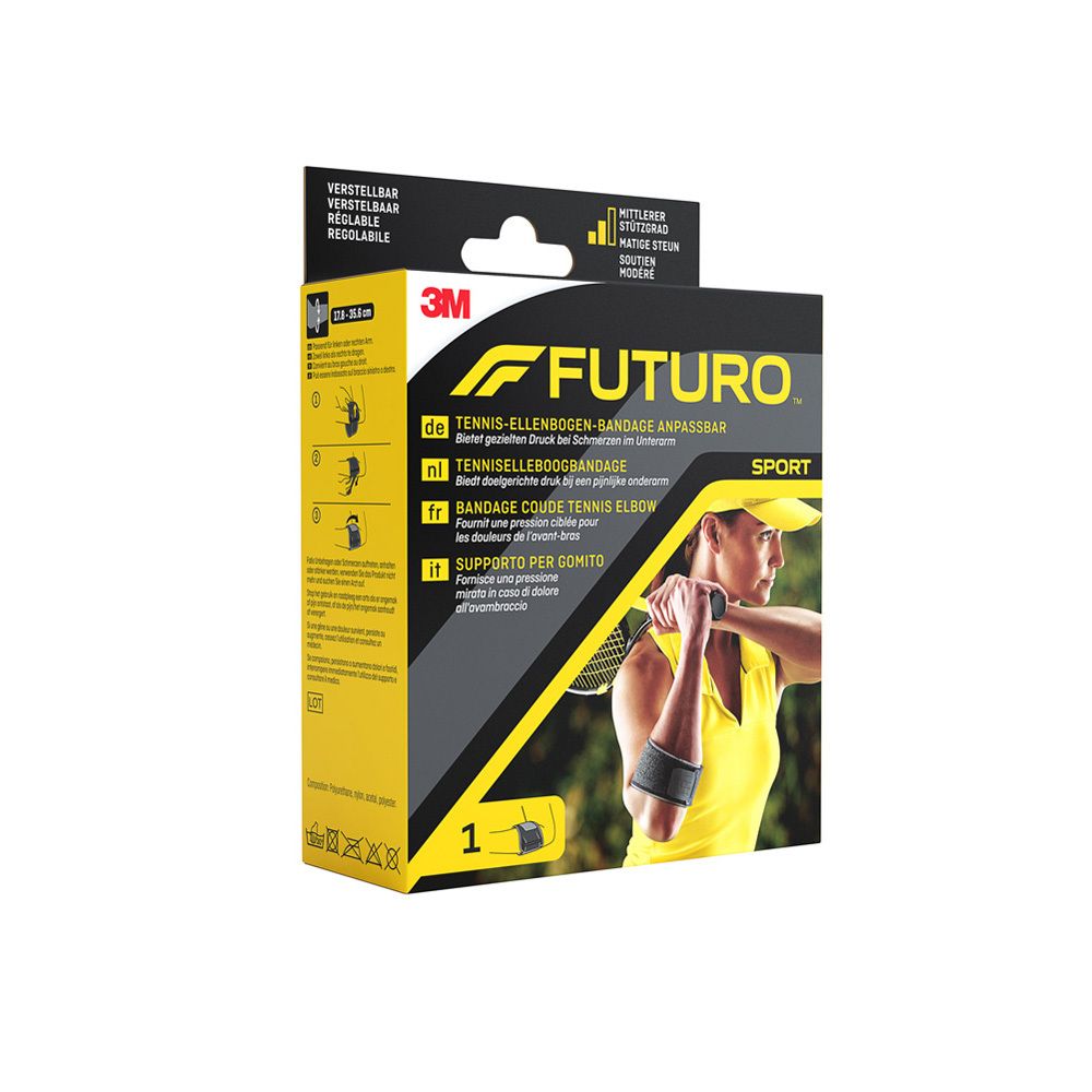 FUTURO™ Sport Tennis-Ellbogen-Bandage in Verpackung. Produktname, Marke und Produktabbildung sichtbar. Text in Deutsch, Niederländisch, Französisch und Italienisch.