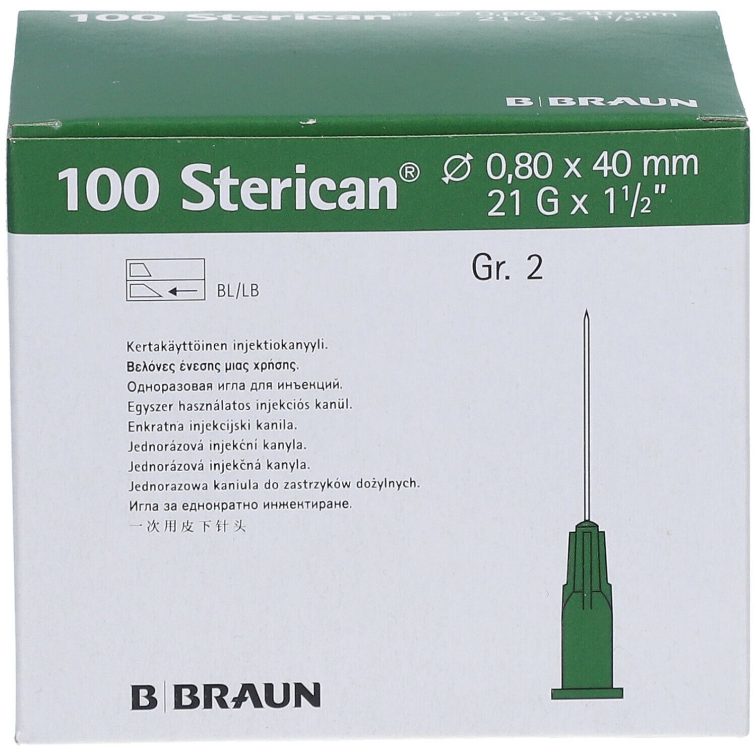 Sterican® Standardkanüle Gr. 2 G21 x 1 1/2 Zoll 0,80 x 40 mm grün